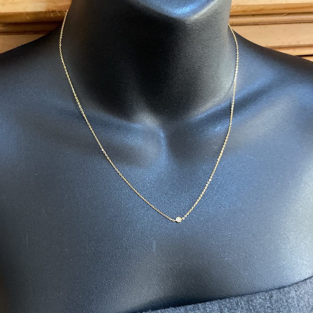 Solid 14K Yellow Gold Natural Diamond Solitaire XS Bezel Necklace Minimalist - Picture 12 of 13